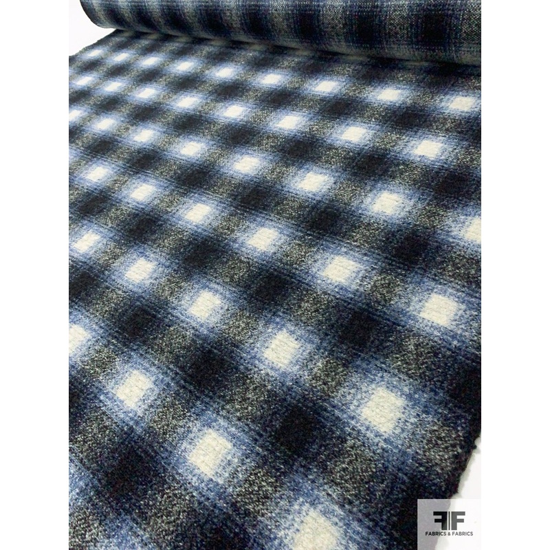 Italian Hazy Plaid Heavy Wool Knit – Navy / Blue / Grey / Off-White Fabric by the Yard