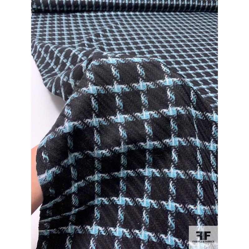 Italian Windowpane Plaid Virigin Wool Ladies Suiting – Black / Dusty Seafoam / Off-White Fabric by the Yard