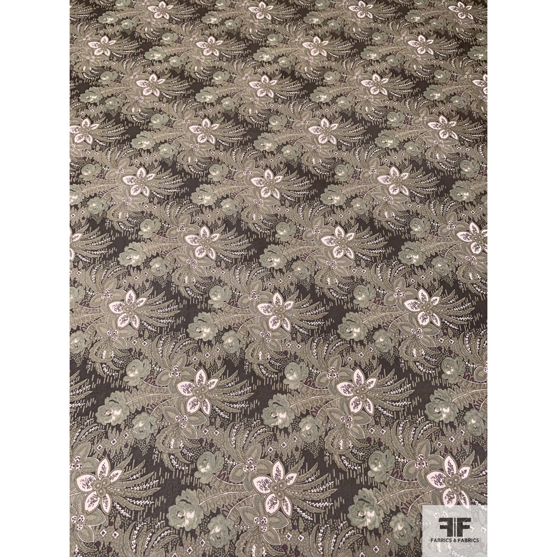 Leafy Floral Bundles Printed Silk Chiffon – Dark Sage / Dark Olive / White Fabric by the Yard