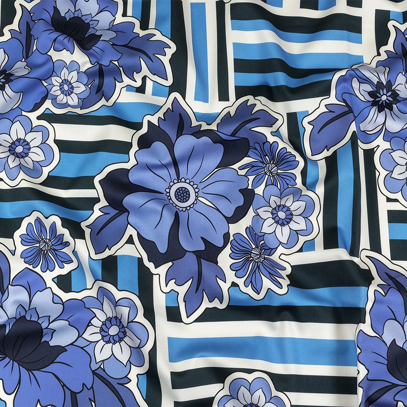 Stretch Cotton Sateen – Flowers and Stripes – Stuck on Blue Print – Mood Exclusive Indigo Collection