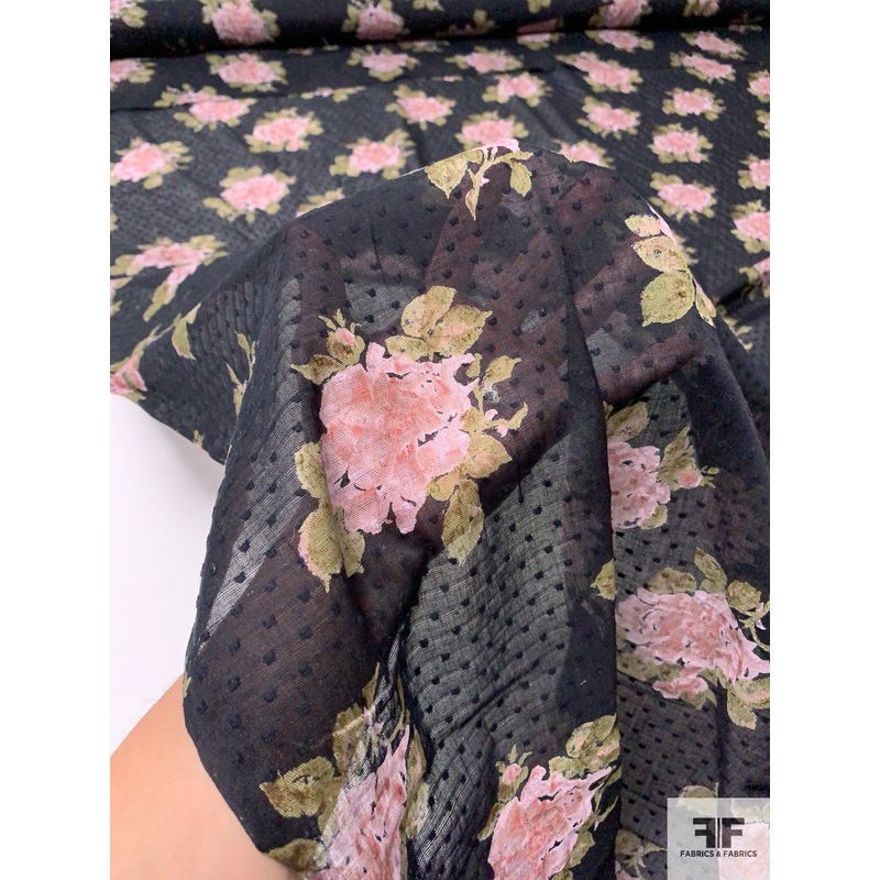 Swiss Dot Floral Printed Cotton Voile – Navy / Soft Pink / Dusty Olive Fabric by the Yard