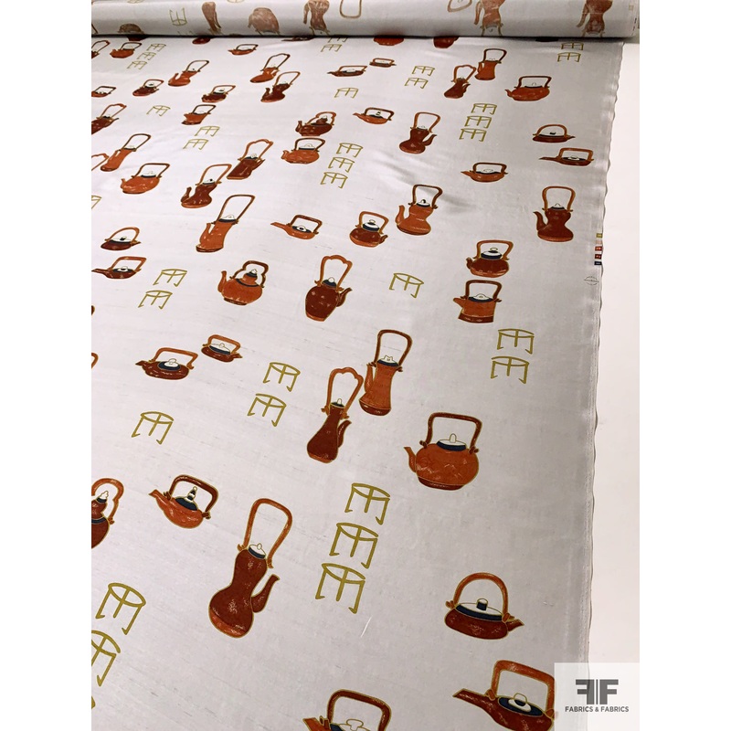 Tea Kettles Printed Silk Shantung – Light Grey / Brick / Olive Fabric by the Yard