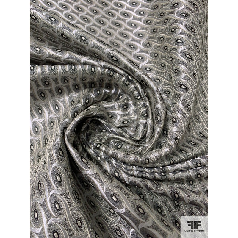 Wavy Oval Silk Necktie Jacquard Brocade – Grey / Black Fabric by the Yard