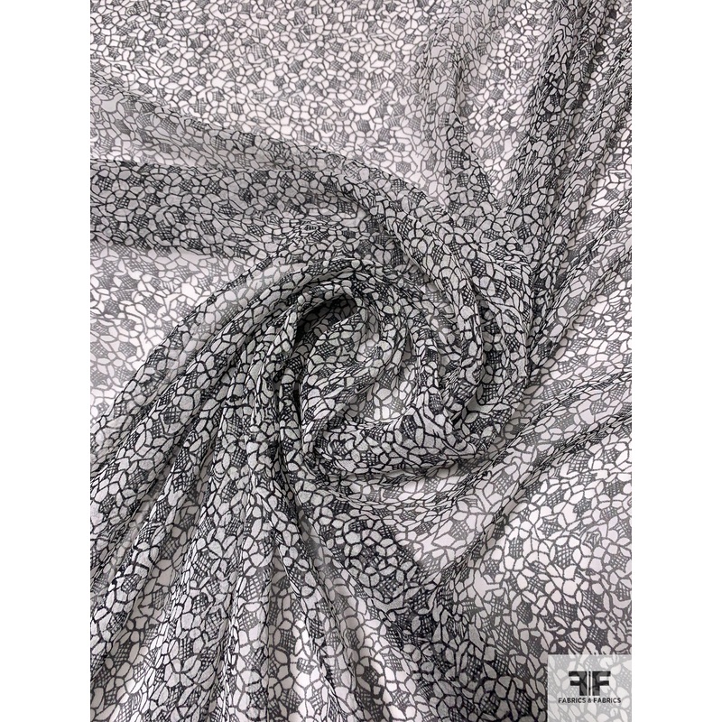 Web Clustered Printed Silk Chiffon – Black / Off-White Fabric by the Yard