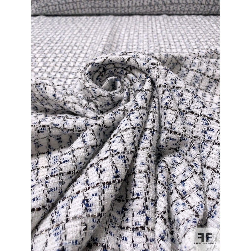 Windowpane Tweed Suiting – Off-White / Black / Blue Fabric by the Yard