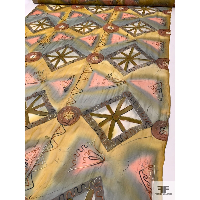 Ethnic Inspired Printed Silk Chiffon with Embroidery – Earthy Tones Fabric by the Yard