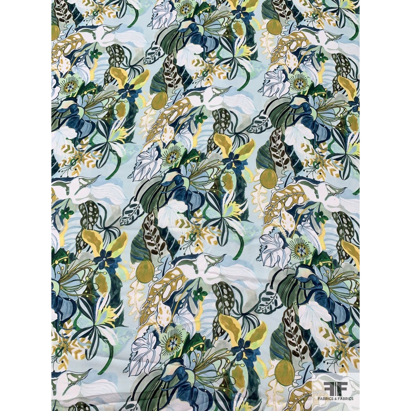 Exotic Floral Printed Silk Georgette – Ocean Hues / Dusty Yellow Fabric by the Yard