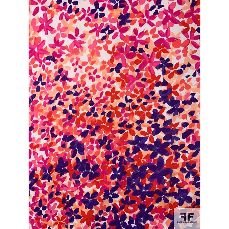 Floral Brushstroke Printed Stretch Cotton Sateen – Coral / Salmon / Magenta / Purple Fabric by the Yard