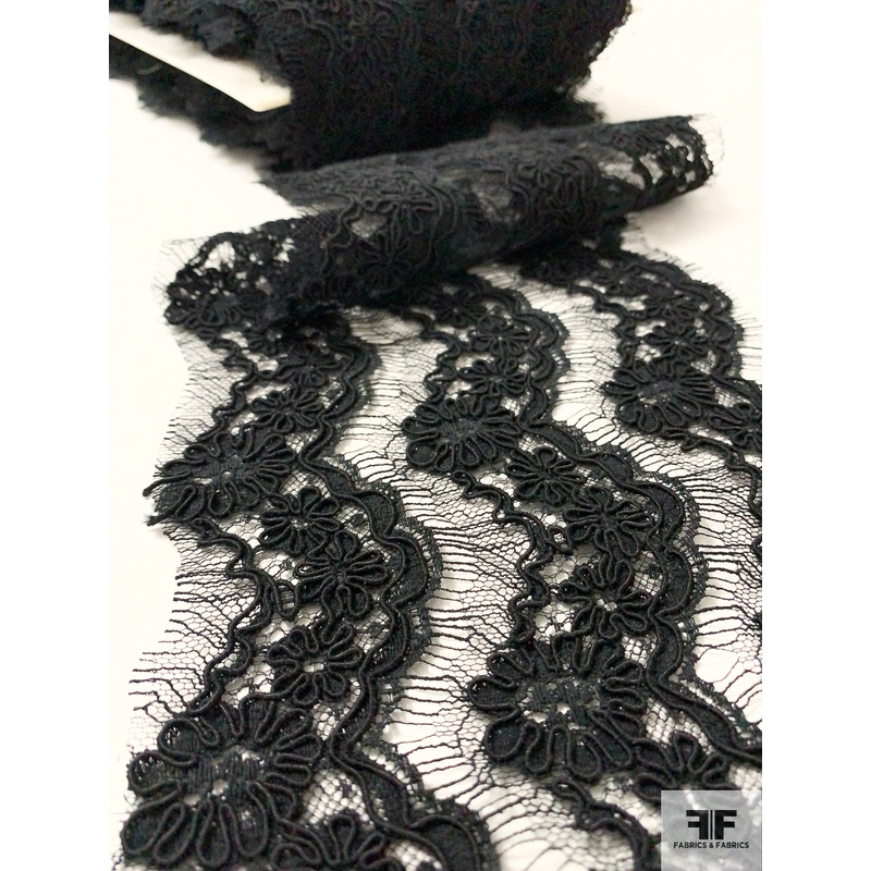 French Floral Alenon Lace Trim – Black Fabric by the Yard