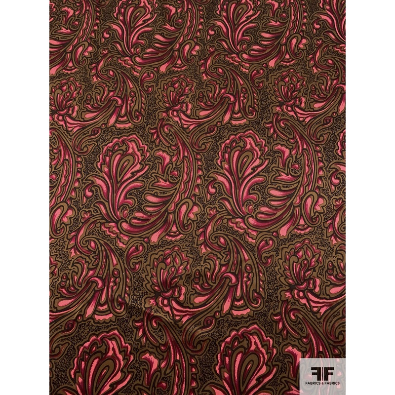 Groovy Paisley Printed Silk Charmeuse – Khaki Olive / Cranberry / Black Fabric by the Yard
