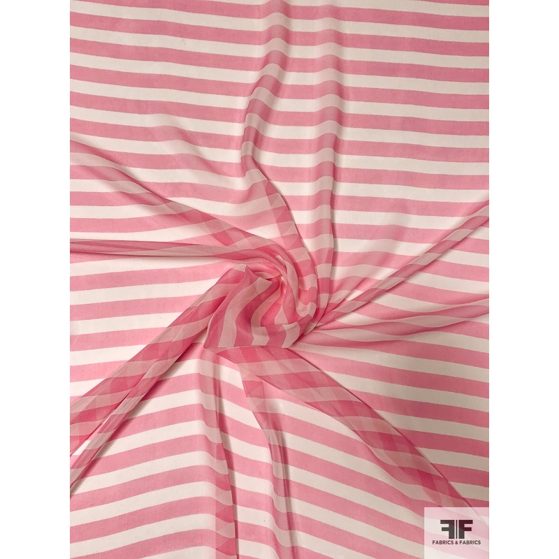 Horizontal Striped Printed Silk Chiffon – Bubblegum Pink / Off-White Fabric by the Yard