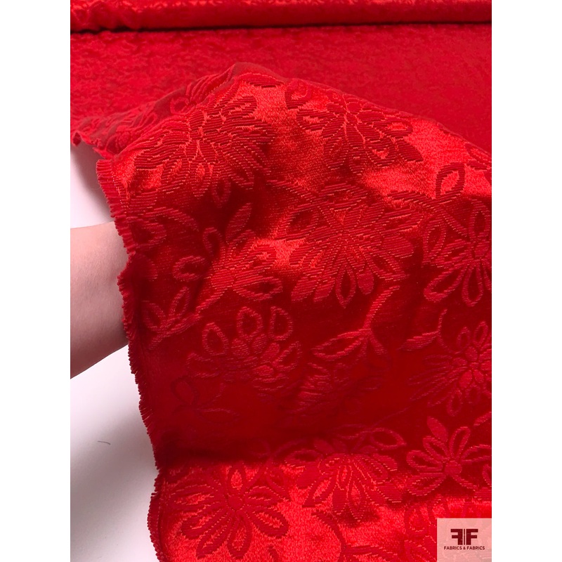 Italian Floral Satin-Corded Brocade – Red Fabric by the Yard