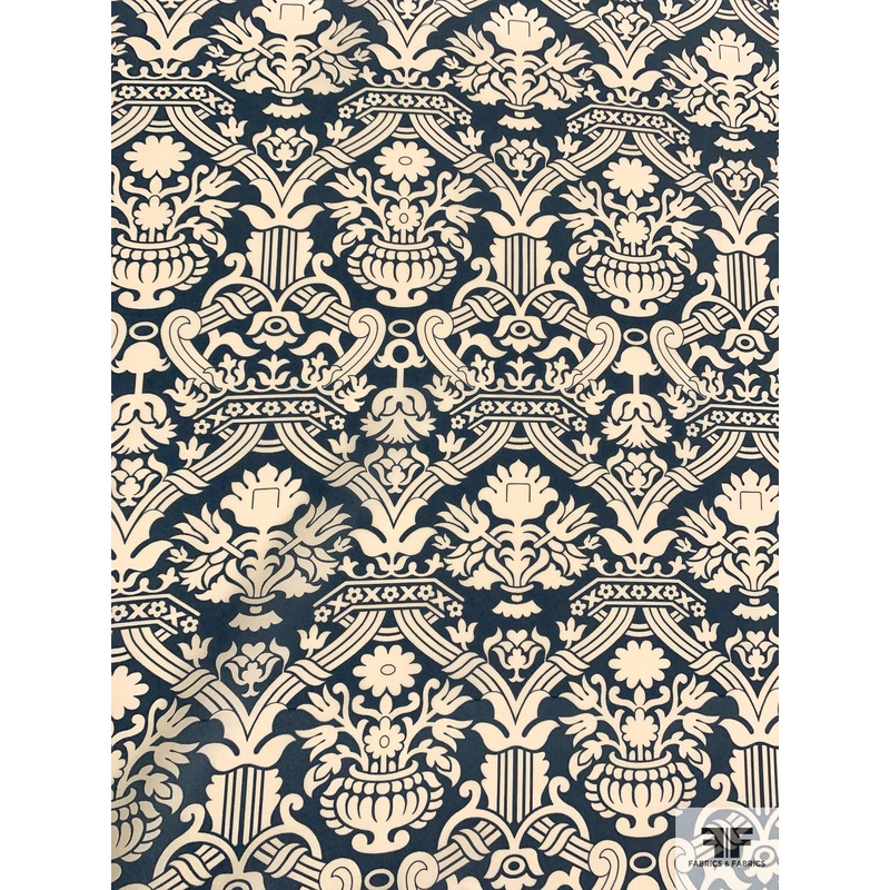 Regal Floral Printed Silk Crepe de Chine – Cadet Blue / Ivory Fabric by the Yard