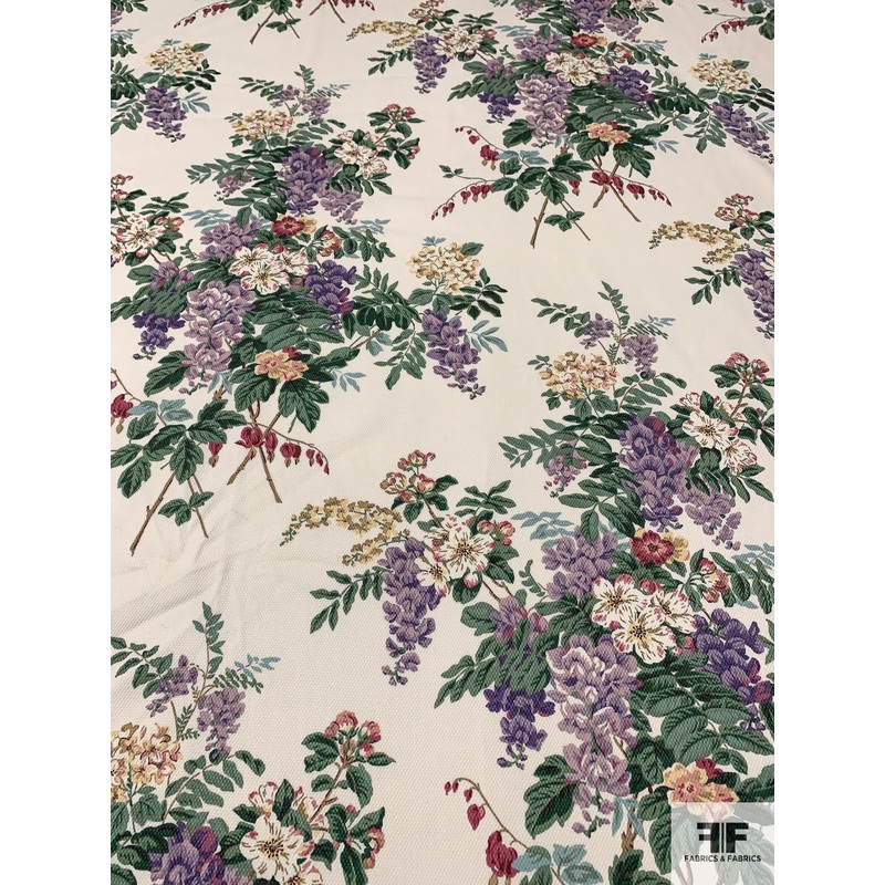 Rustic Floral Printed Cotton Pique – Earthy Greens / Dusty Purples / Yellows / Antique White Fabric by the Yard