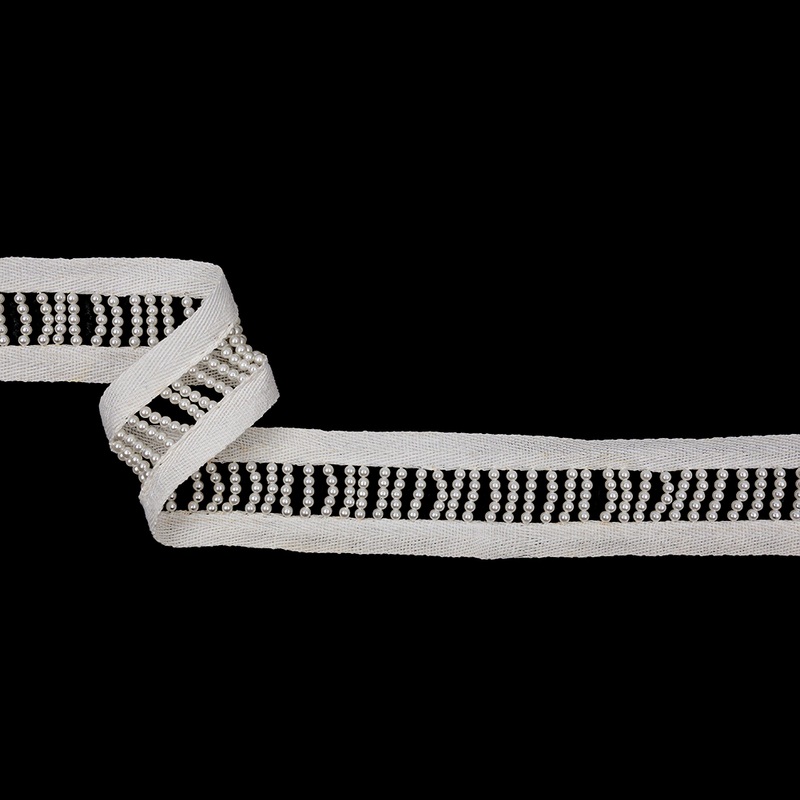 Vintage White Faux Pearl Bead Strands Between White Twill Tapes – 1.375″