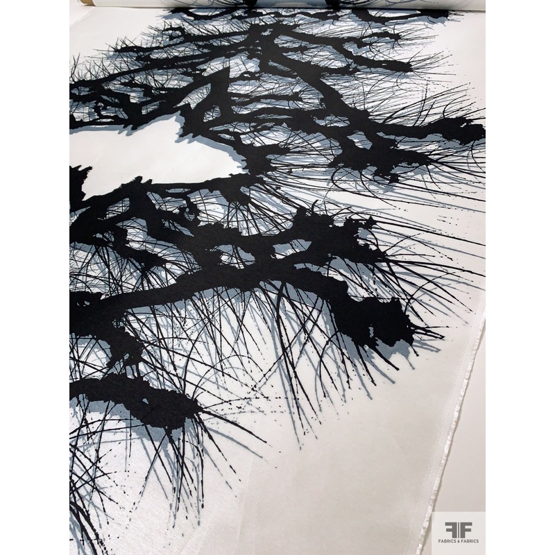 Abstract Splatter Printed Fine Polyester Zibeline – Dusty Blue / Black / Off-White Fabric by the Yard