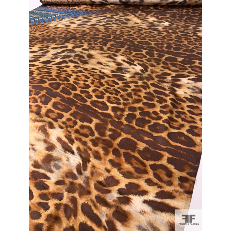 Animal Pattern with Border Print Silk Charmeuse – Brown / Caramel /Blue Fabric by the Yard