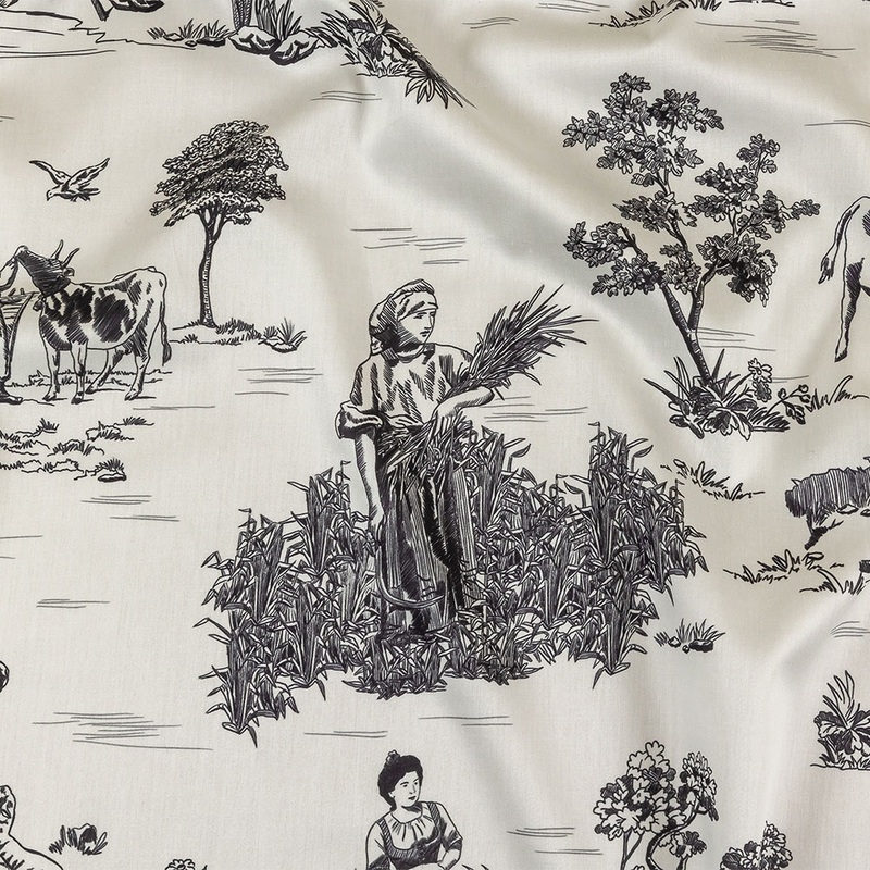 Black and White Classic Toile de Jouy Mercerized Organic Egyptian Cotton Shirting