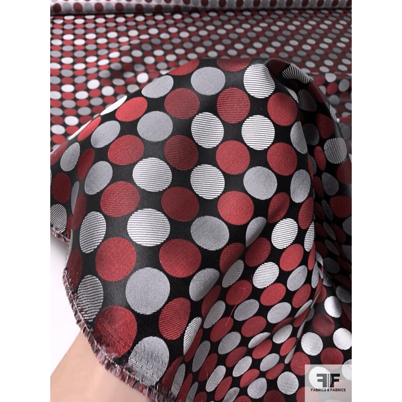 Circle Design Silk Necktie Jacquard Brocade – Dark Red / Black / Light Grey Fabric by the Yard