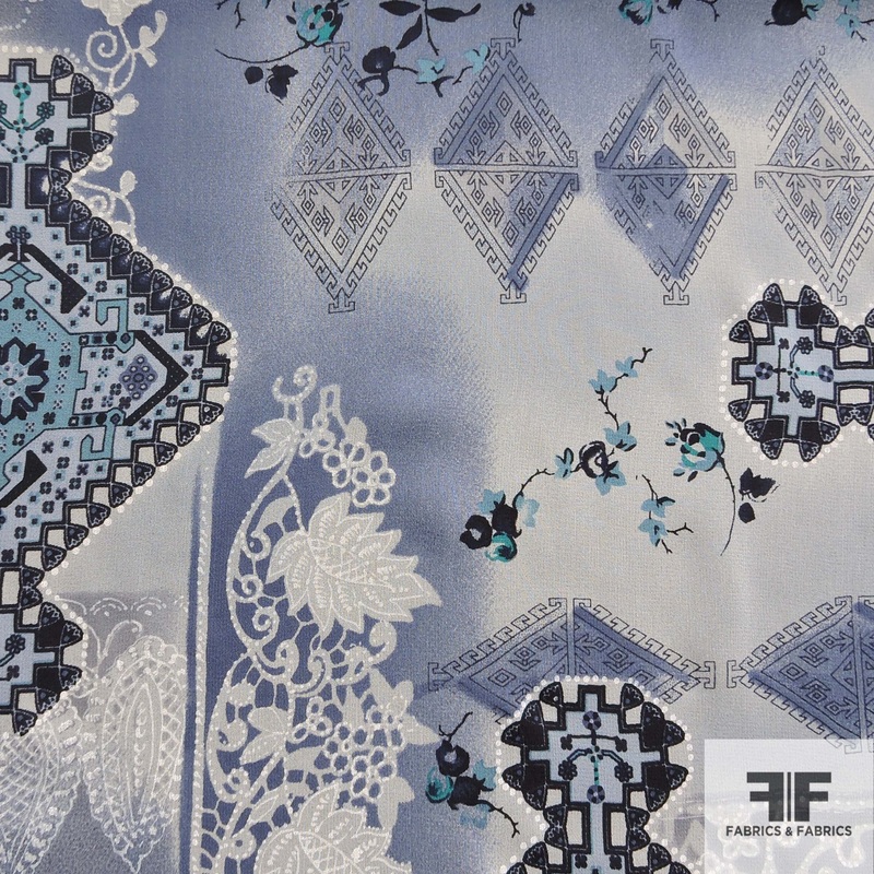 Collage Printed Silk Chiffon – Blue/White Fabric by the Yard