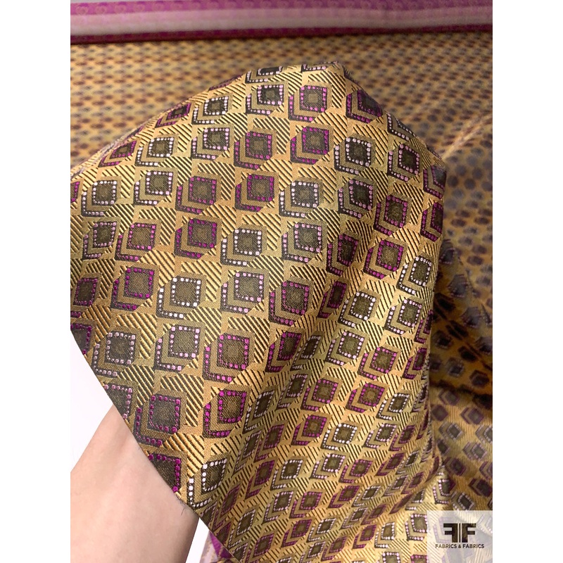 Dimensional Geometric Silk Necktie Jacquard Brocade – Golden Olive / Purples / Black Fabric by the Yard