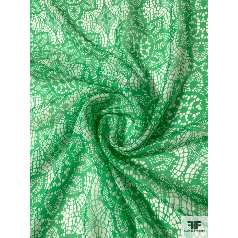 Ecclesiastical Floral Graphic Printed Silk Chiffon – Irish Green / Off-White Fabric by the Yard