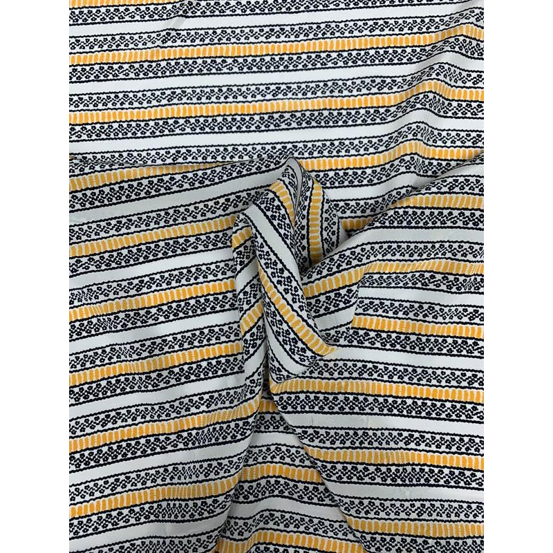 Ethnic Horizontal Striped Printed Silk Crepe de Chine – White / Dark Navy / Yellow Fabric by the Yard