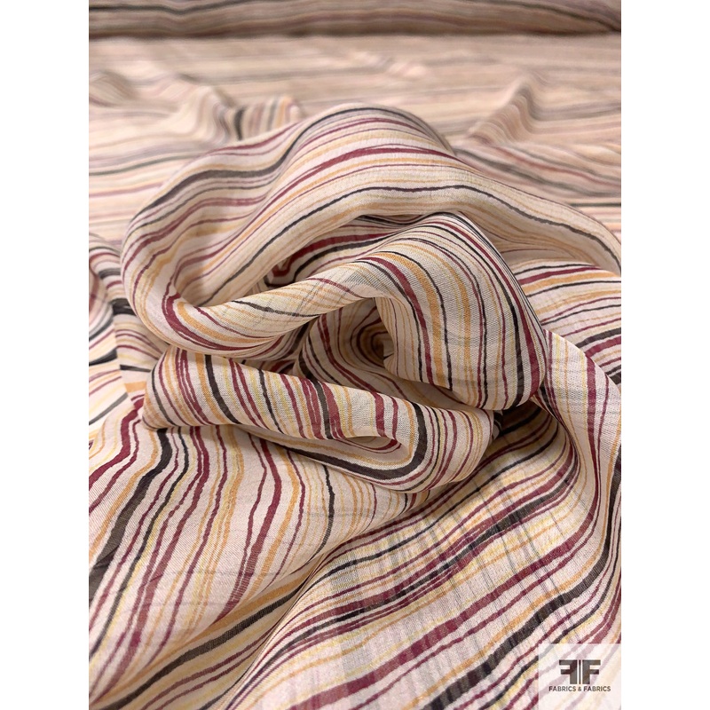 Horizontal Brushstroke Striped Printed Silk Chiffon – Grape / Navy / Yellows Fabric by the Yard
