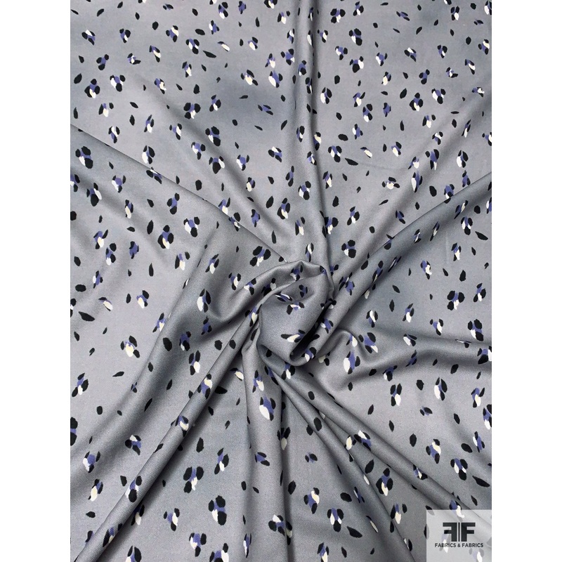 Italian Painterly Spots Printed Viscose Gabardine Challis – Grey / Navy / Periwinkle / White Fabric by the Yard