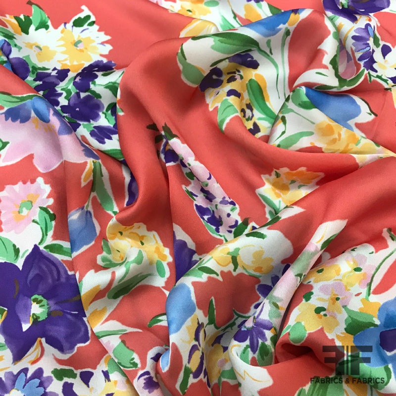 Italian Spring Floral Printed Satin Georgette – Coral/Multicolor Fabric by the Yard
