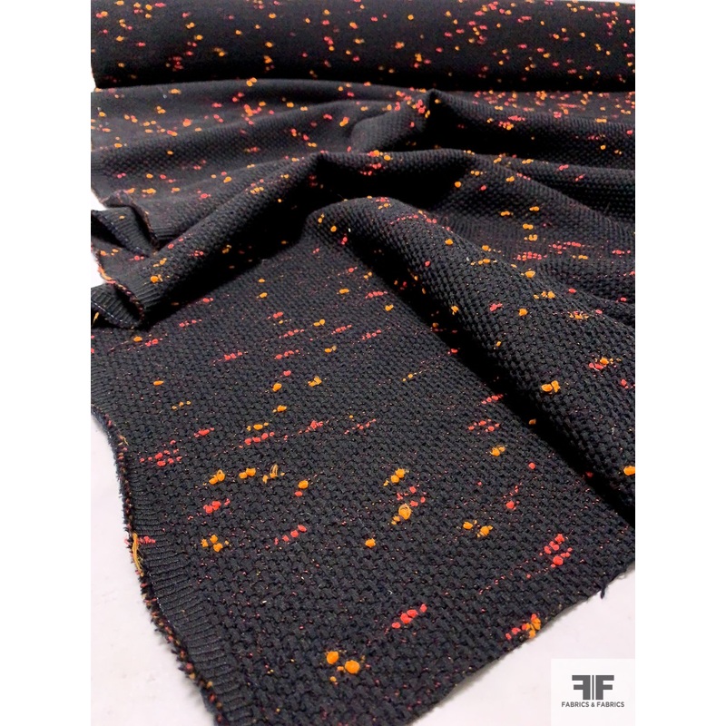 Italian Suiting with Scattered Boucle Knubs – Hot Coral / Orange / Black Fabric by the Yard