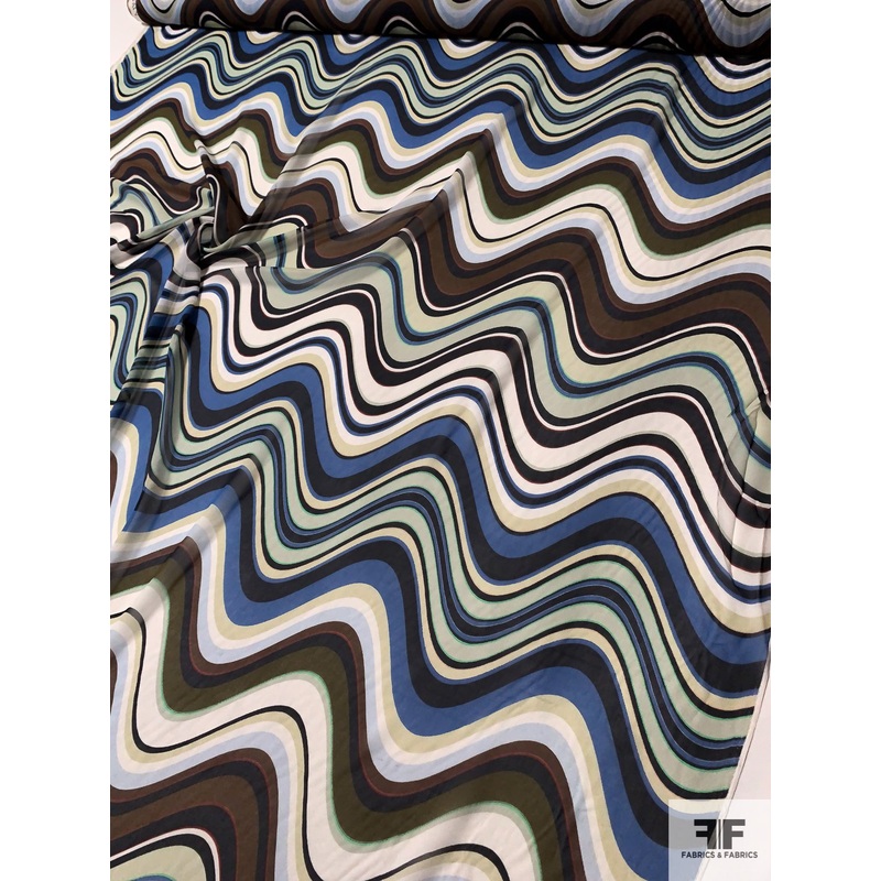 Large-Scale Hypnotic Wavy Striations Printed Silk Chiffon – Blue / Brown / Black / White Fabric by the Yard