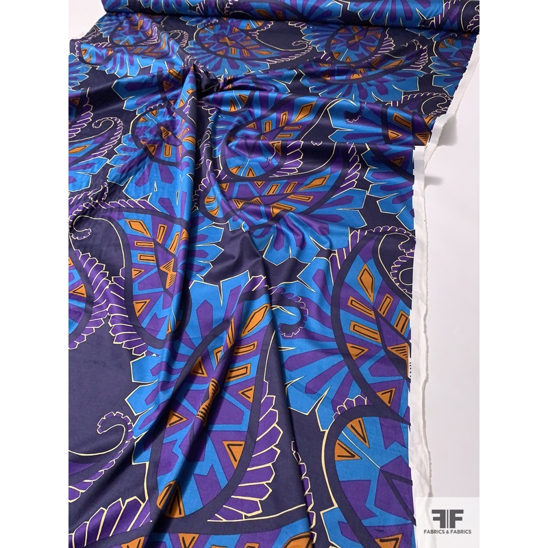 Large-Scale Jagged Paisley Printed Stretch Cotton Sateen Poplin – Turquoise / Eggplant / Purple / Eggnog Fabric by the Yard