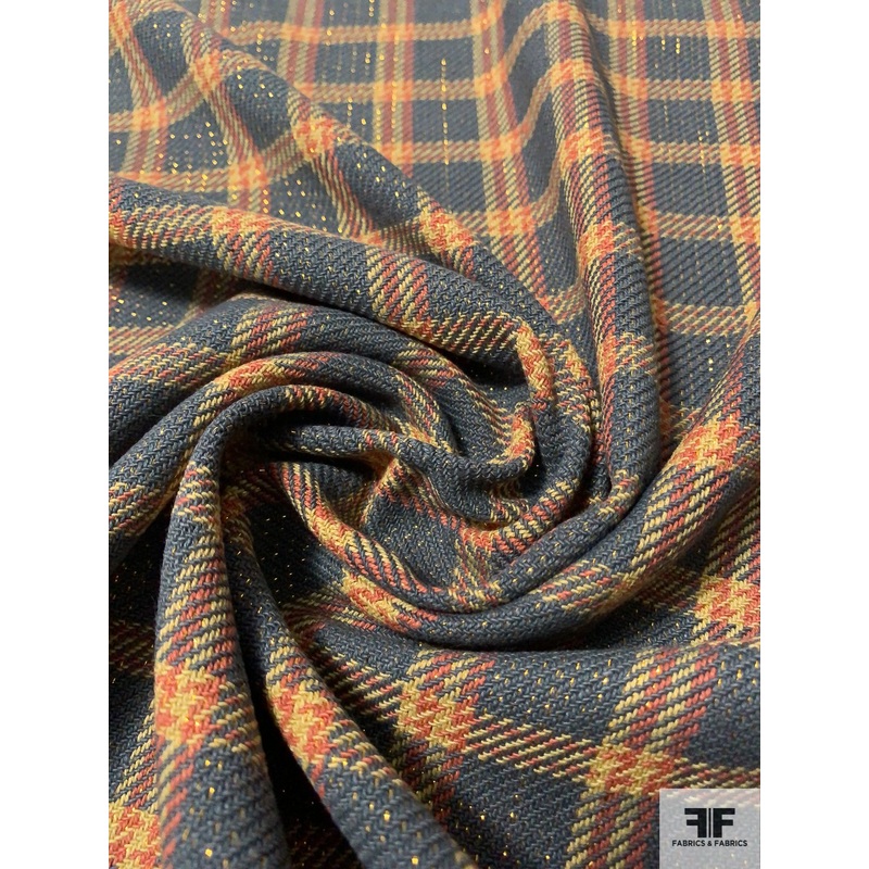 Plaid Yarn-Dyed Cotton Suiting with Lurex – Dusty Periwinkle / Salmon / Yellow / Gold Fabric by the Yard