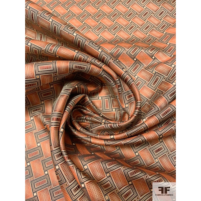 Rectangle Diagonal Lattice Silk Necktie Jacquard Brocade – Light Rust / Black / Nude Fabric by the Yard