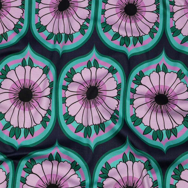 Stretch Cotton Sateen – Lavender and Teal Floral Ogees – Sunrise Divine Print – Mood Exclusive Groove Collection