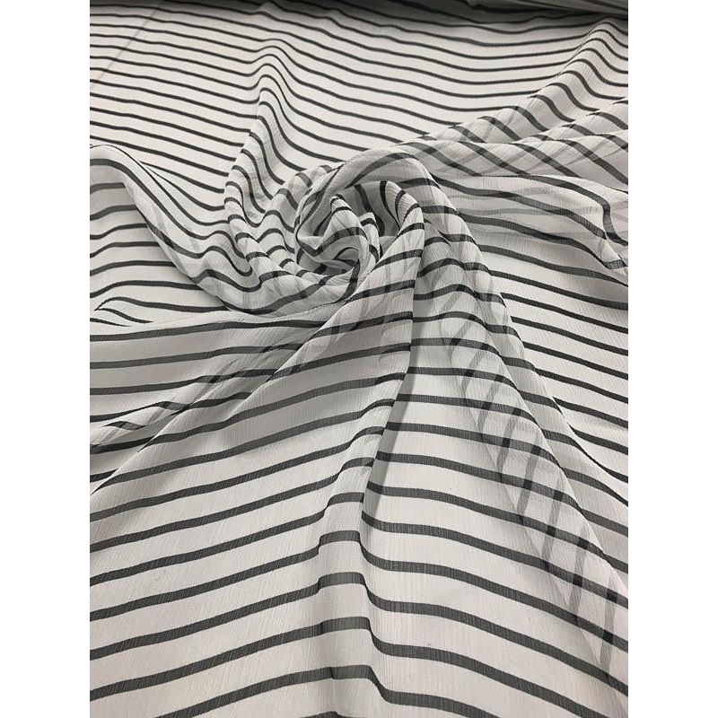 Striped Crinkled Silk Chiffon – Black / White Fabric by the Yard