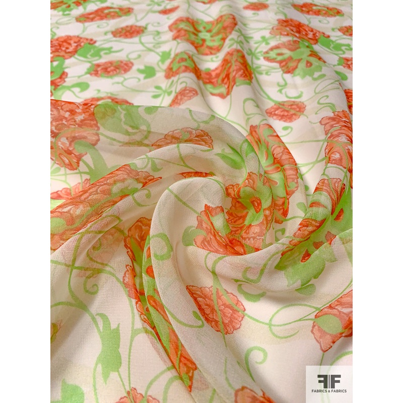 Viny Web Floral Printed Silk Chiffon – Neon Green / Coral / Off-White Fabric by the Yard