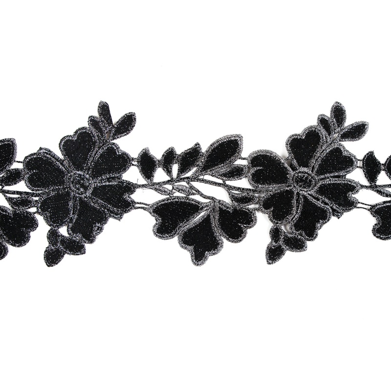 3D Metallic Gunmetal Floral Lace Trim – 5″