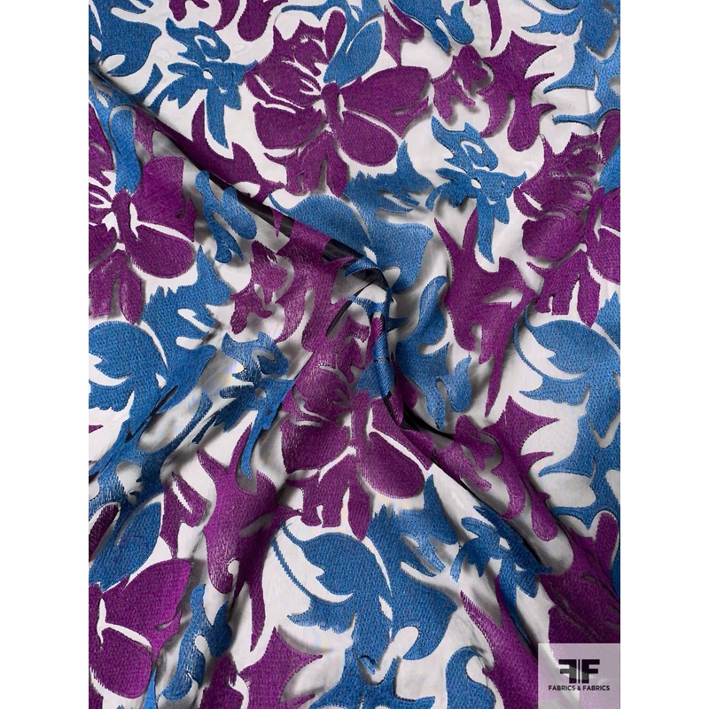 Abstract Floral Embroidered Polyester Organza – Purple / Blue-Teal / Black Fabric by the Yard