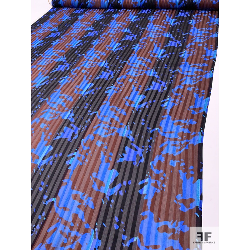 Abstract Printed Satin Striped Silk Chiffon – Blue / Brown / Black Fabric by the Yard