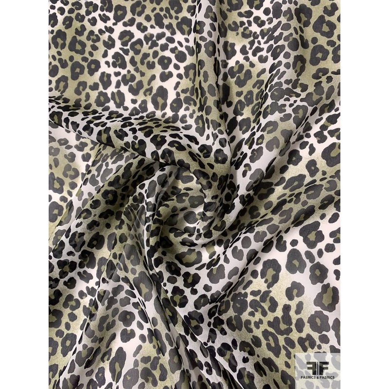 Animal Pattern Printed Silk Chiffon – Olive Green / Black / White Fabric by the Yard