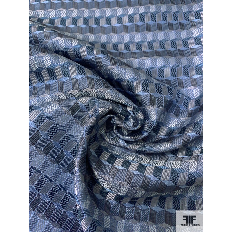 Cube Mosaic Silk Necktie Jacquard Brocade – Dusty Blues / Black / White / Grey Fabric by the Yard