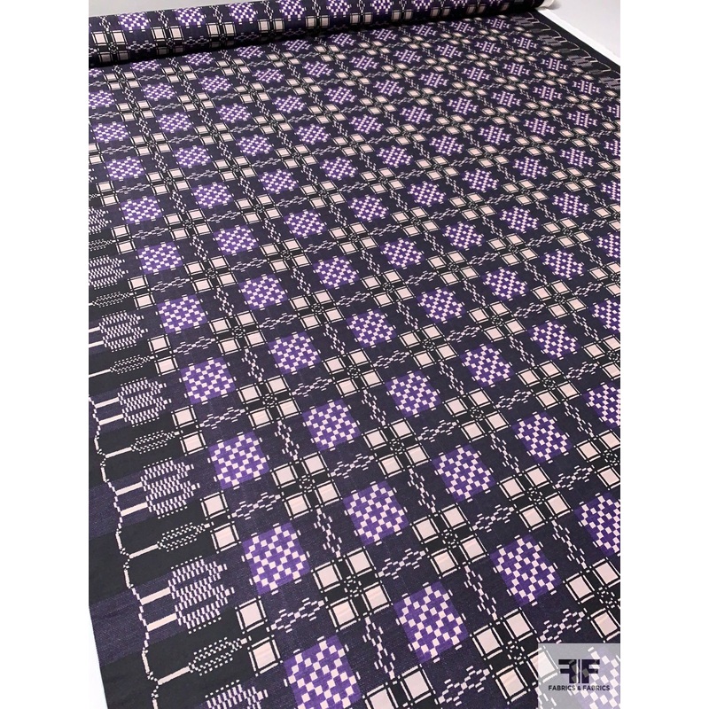 Ethnic Geometric Checkerboard Printed Poly Nylon Faille – Purple / Eggplant / Black Fabric by the Yard