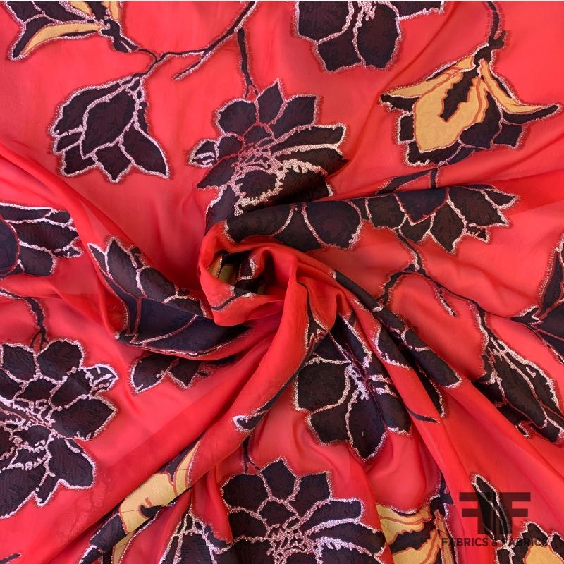 Floral Burnout Metallic Chiffon – Red/Yellow/Black Fabric by the Yard