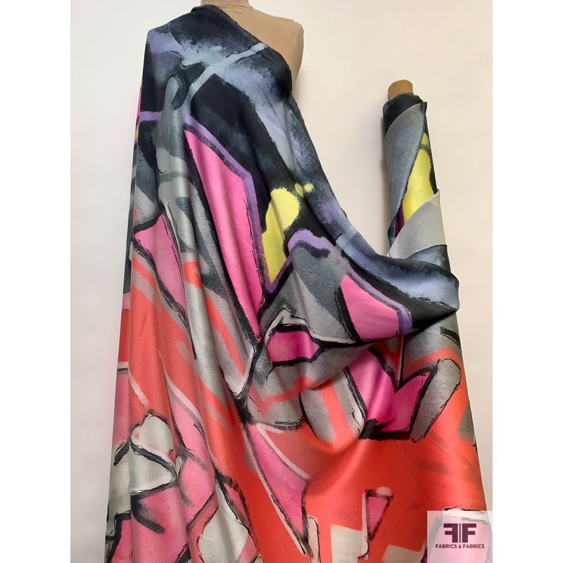 Graffiti Art Printed Rayon Acetate Crepe Back Satin – Pink / Grey / Purple / Yellow Fabric by the Yard