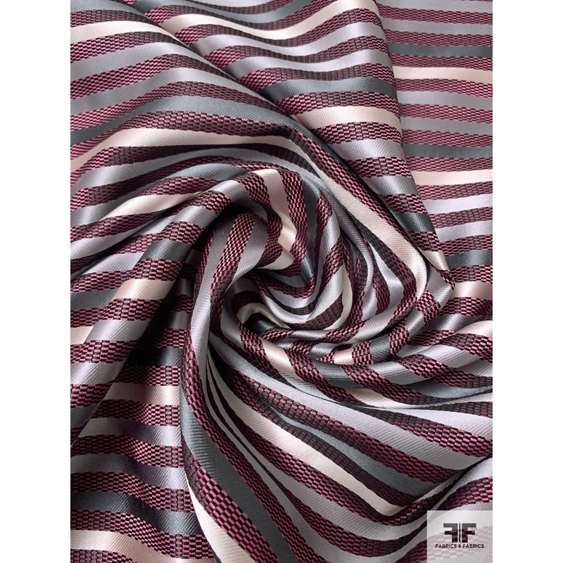 Horizontal Striped Silk Necktie Jacquard Brocade – Pink / Grey / Off-White / Black Fabric by the Yard
