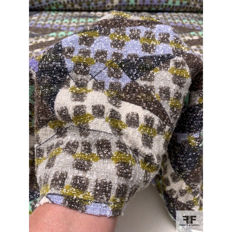 Italian Abstract Artsy Printed Jacket-Weight Boucle – Deep Chartreuse / Grey / Periwinkle / Ivory Fabric by the Yard