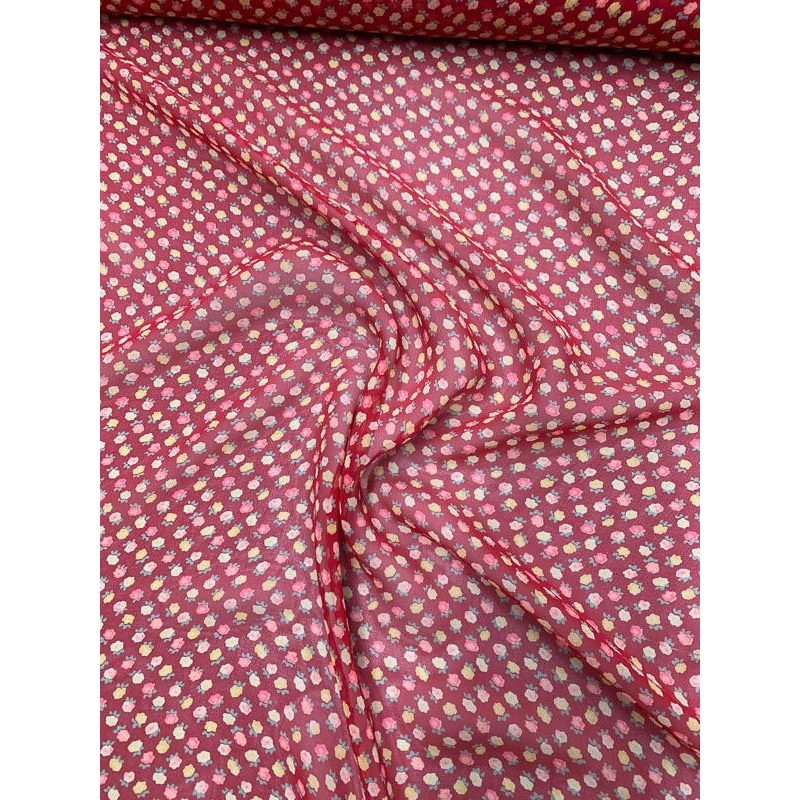 Mini Floral Printed Silk Chiffon – Red / Yellow / Salmon Fabric by the Yard