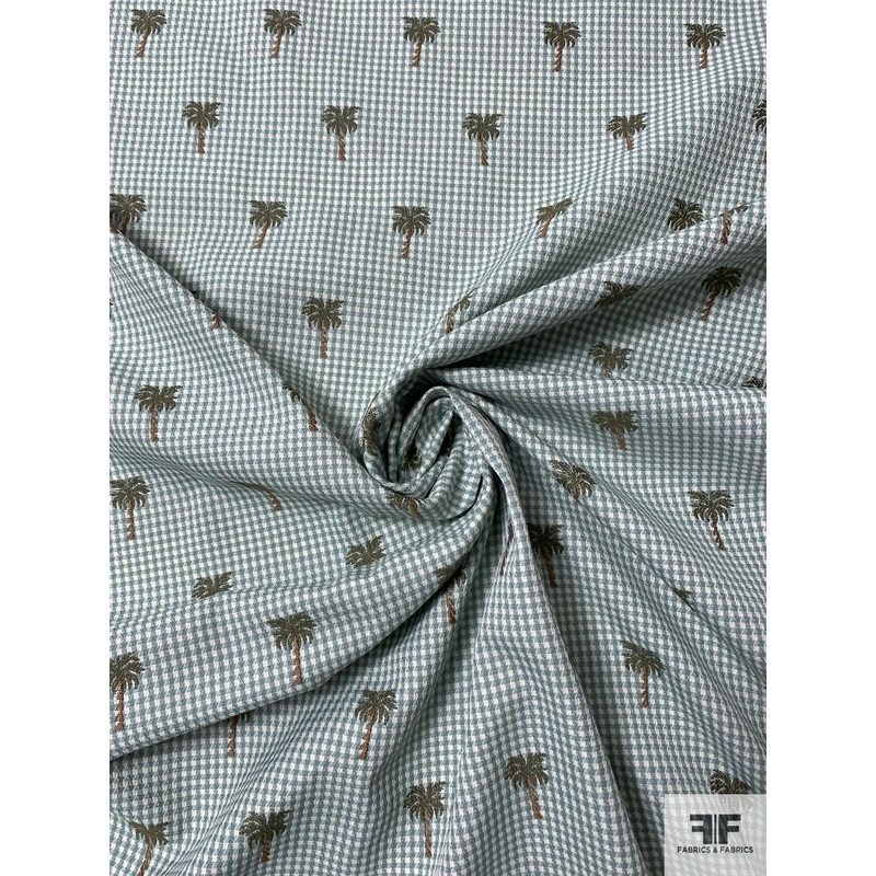 Mini Houndstooth Gingham and Palm Trees Suiting-Style Brocade – Dusty Seafoam / Olive Green / Nude Brown Fabric by the Yard
